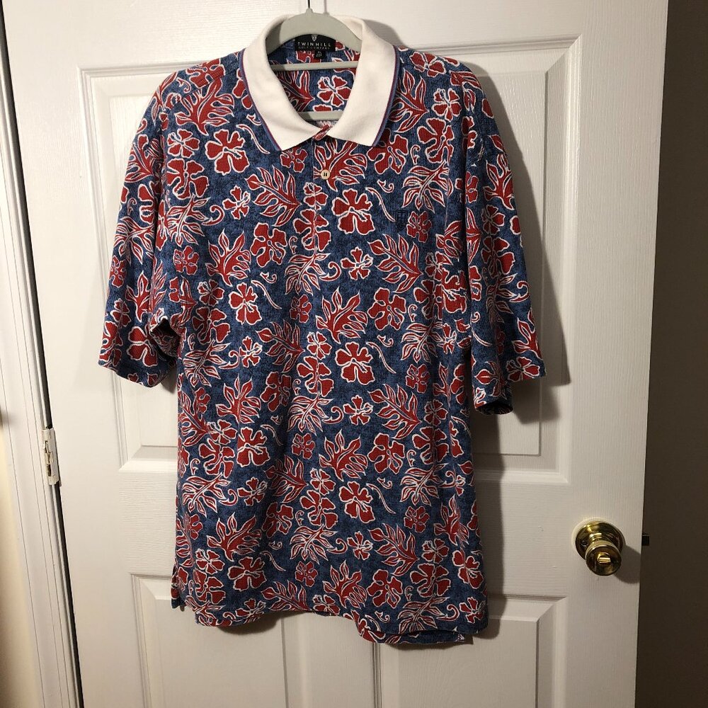 Twinhill Golf Company men flowery blue and red golf shirt, made in USA, XL